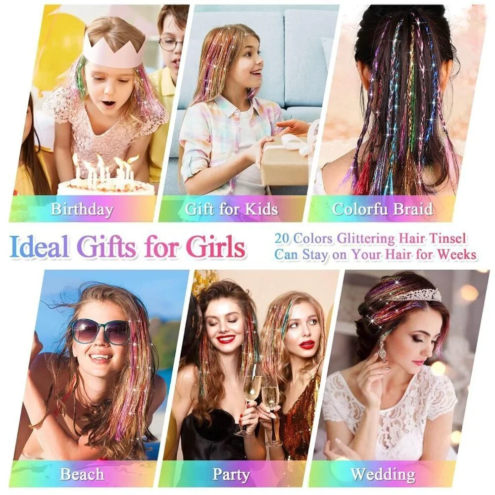 Hair Tinsel Kit Fiber 20 Colors 48 Inches Sparkling Glitter Extensions for Women